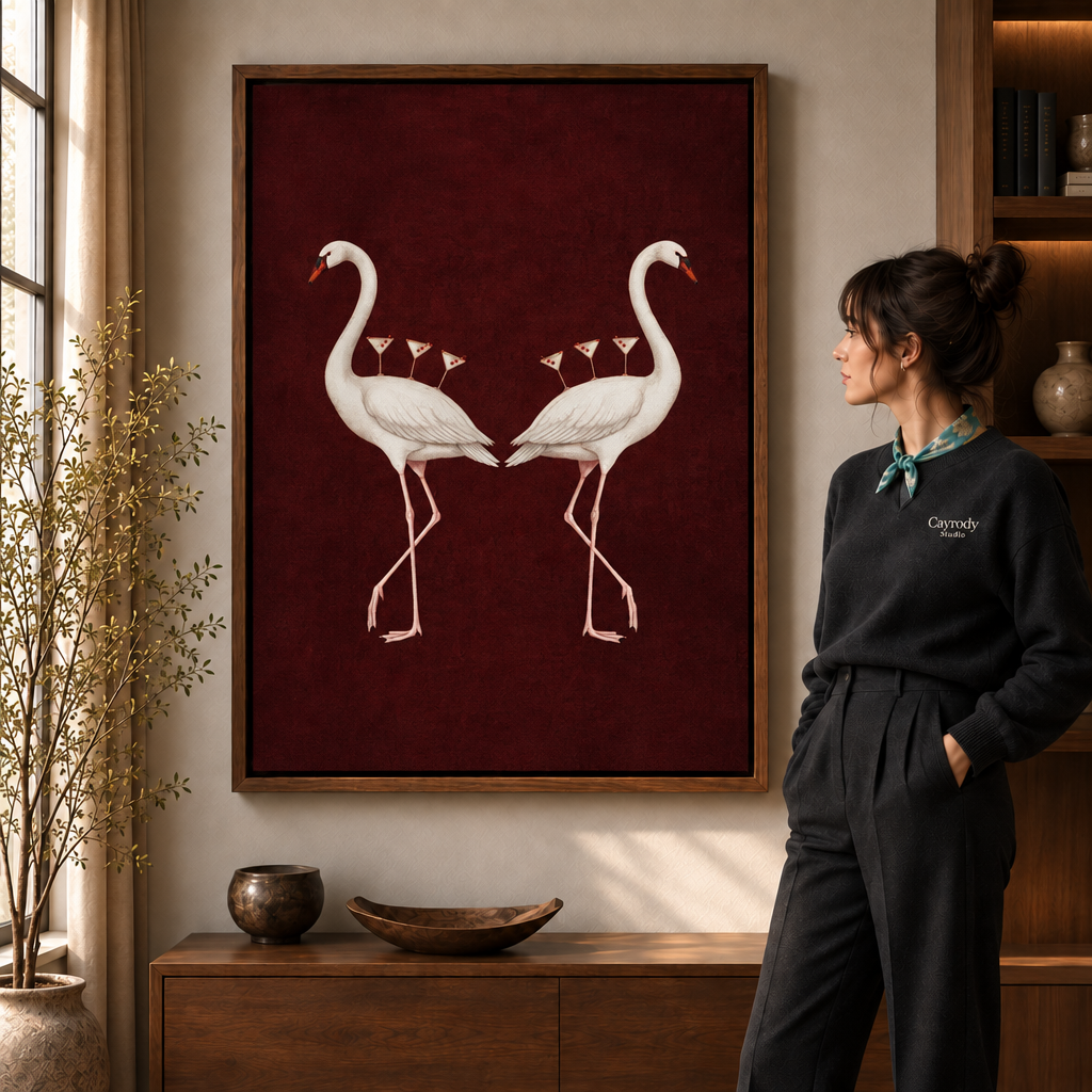 Minimalist flamingo canvas wall art displayed in a warm living room.
