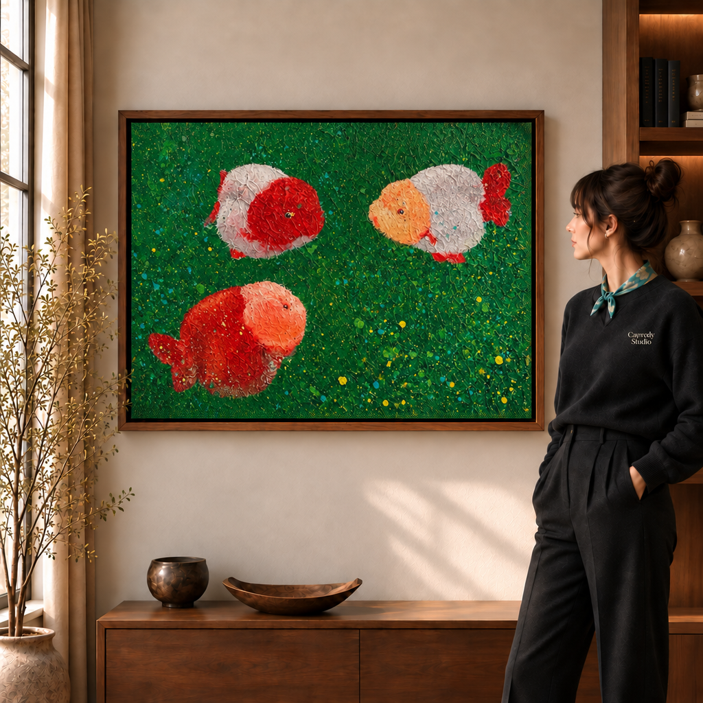 Goldfish canvas wall art in a wooden frame, living room scene with window and plant.