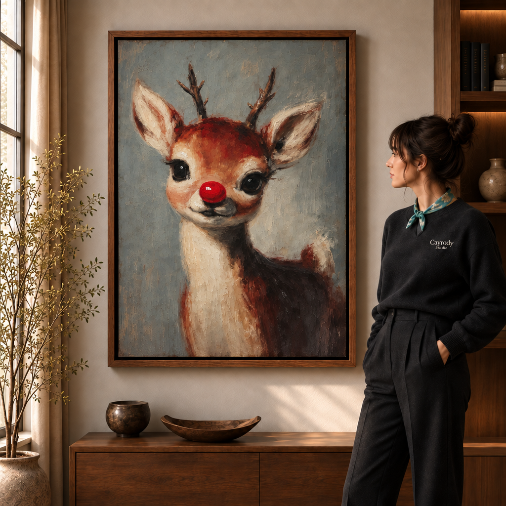 A framed reindeer portrait with a bright red nose hangs beside a woman in a softly styled room.