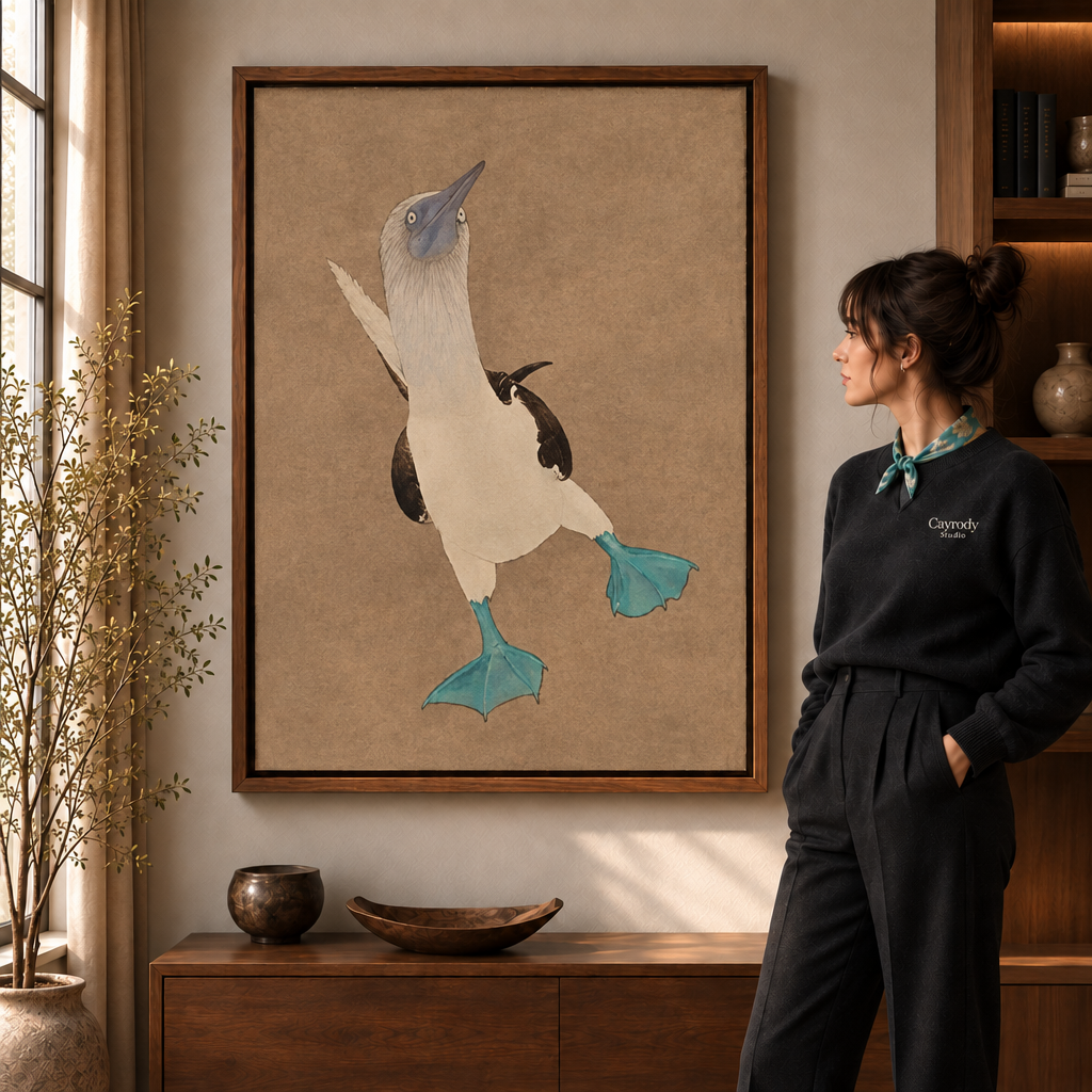 a walnut-framed blue-footed booby canvas wall art with teal feet on a tan ground.