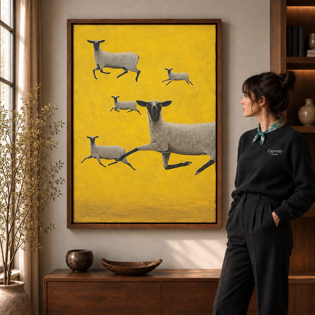 a walnut-framed leaping sheep canvas wall art on a golden-yellow ground.
