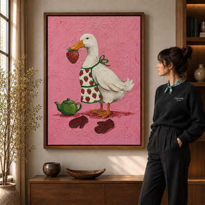 Duck with strawberry canvas wall art in a wooden frame, living room scene with window and plant.