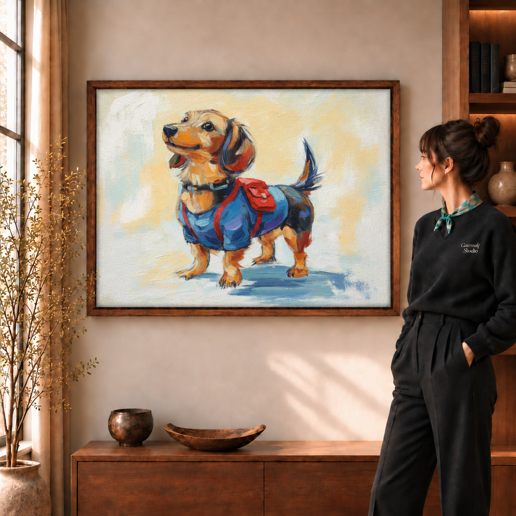 Woman in a black sweater and silk scarf beside the dachshund painting in a deep walnut floating frame