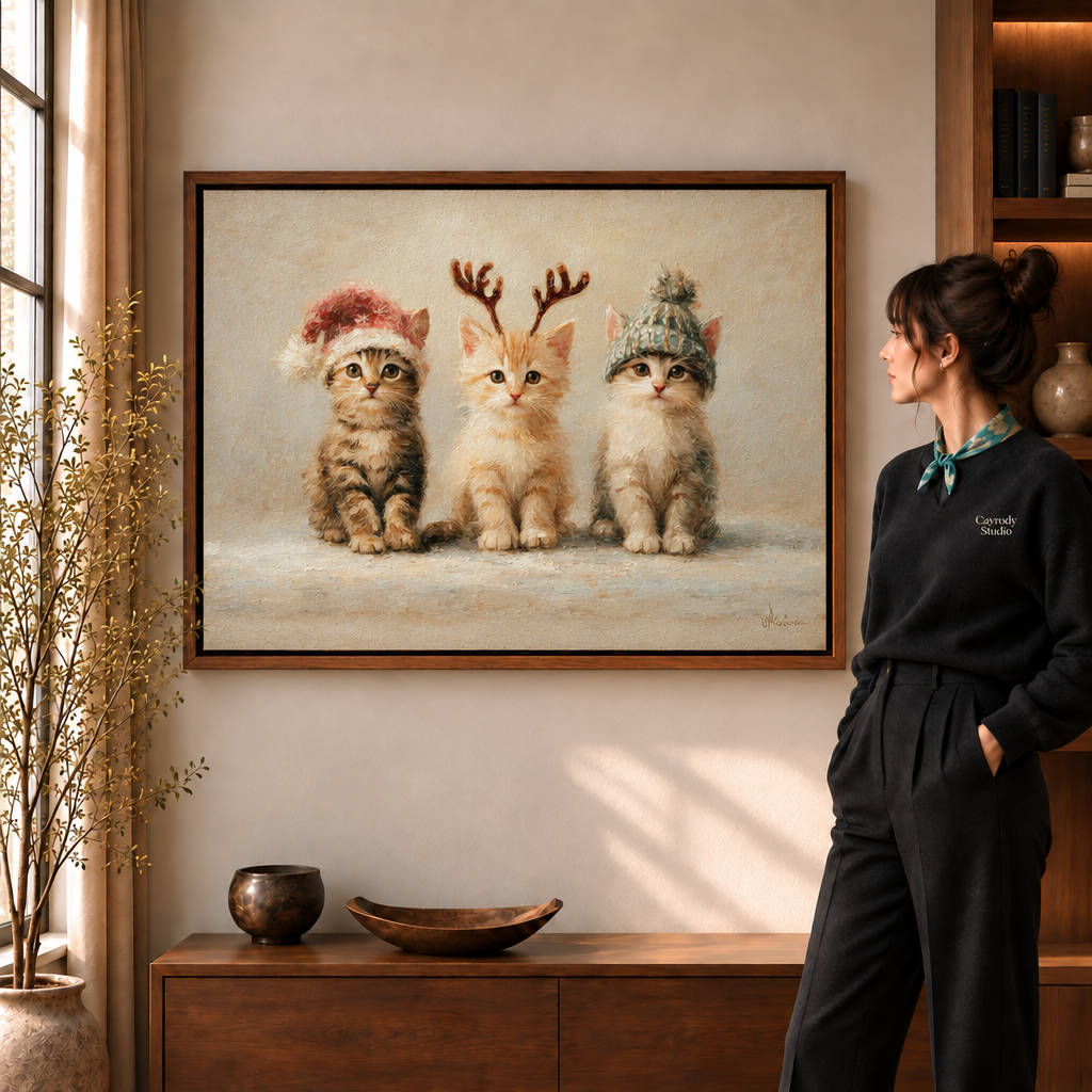 A woman in a black sweater and silk scarf beside a walnut-framed canvas of three kittens in Christmas hats.