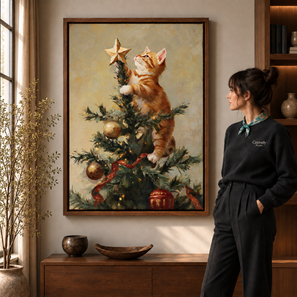 Framed Christmas kitten art shows an orange cat reaching for a star beside a woman in a warm room.