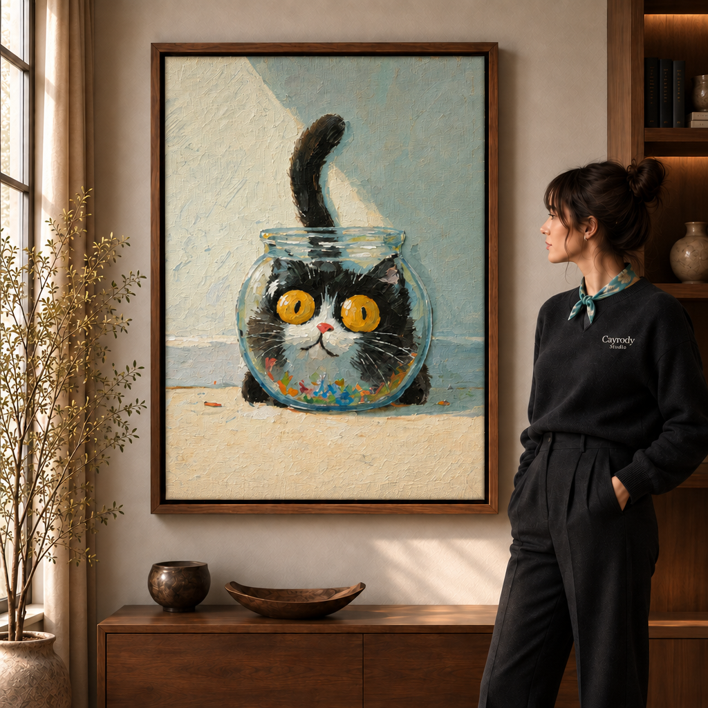 Tuxedo cat canvas wall art with golden eyes in a walnut frame beside a woman in dark clothing.