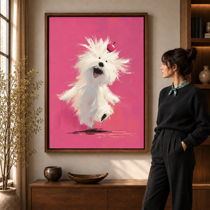Playful white dog canvas wall art in a walnut frame beside a woman in dark clothing.