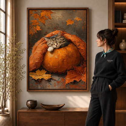 Framed autumn cat canvas above a walnut console beside a woman in a warm interior.