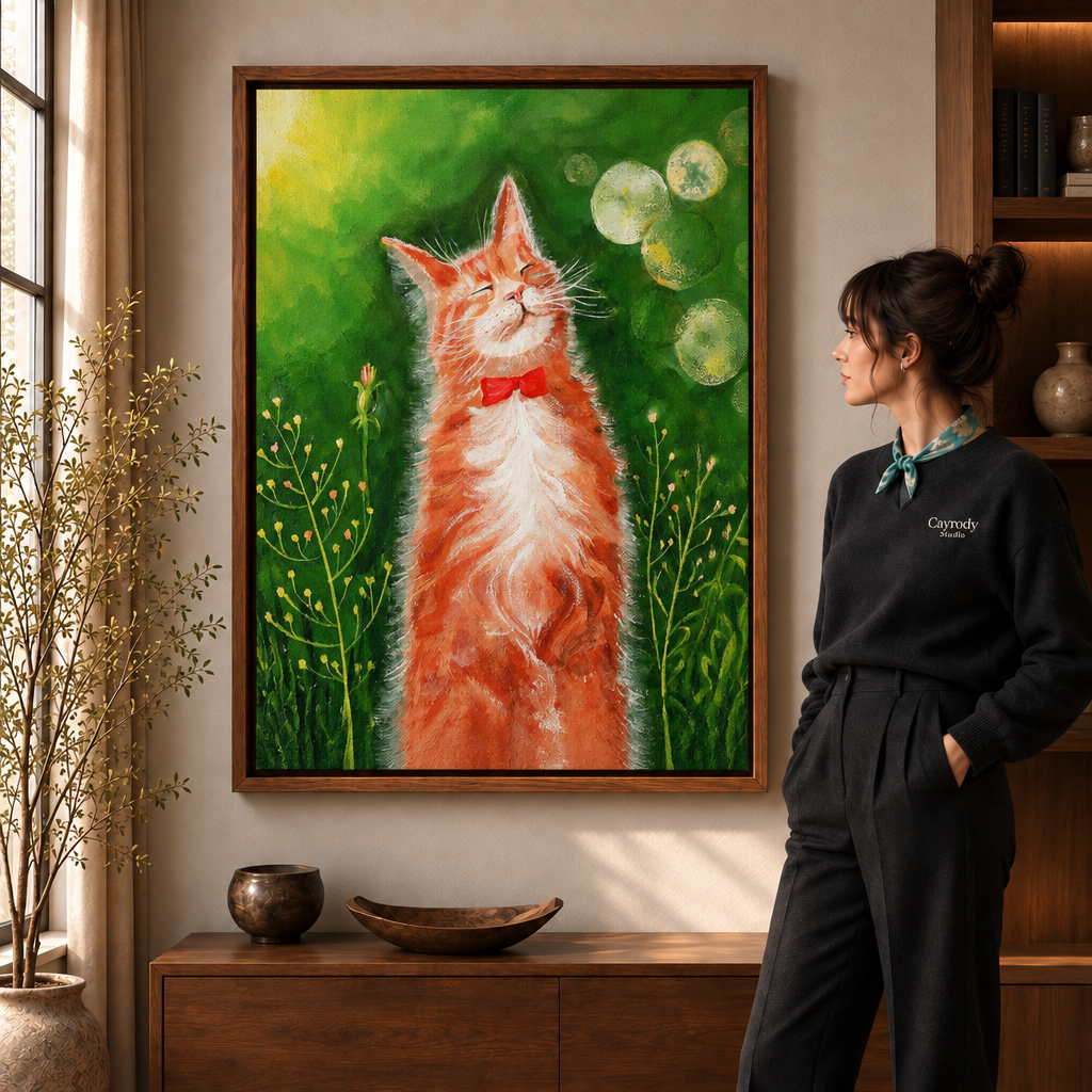 Modern orange cat canvas art displayed in a warm living room beside a standing viewer.