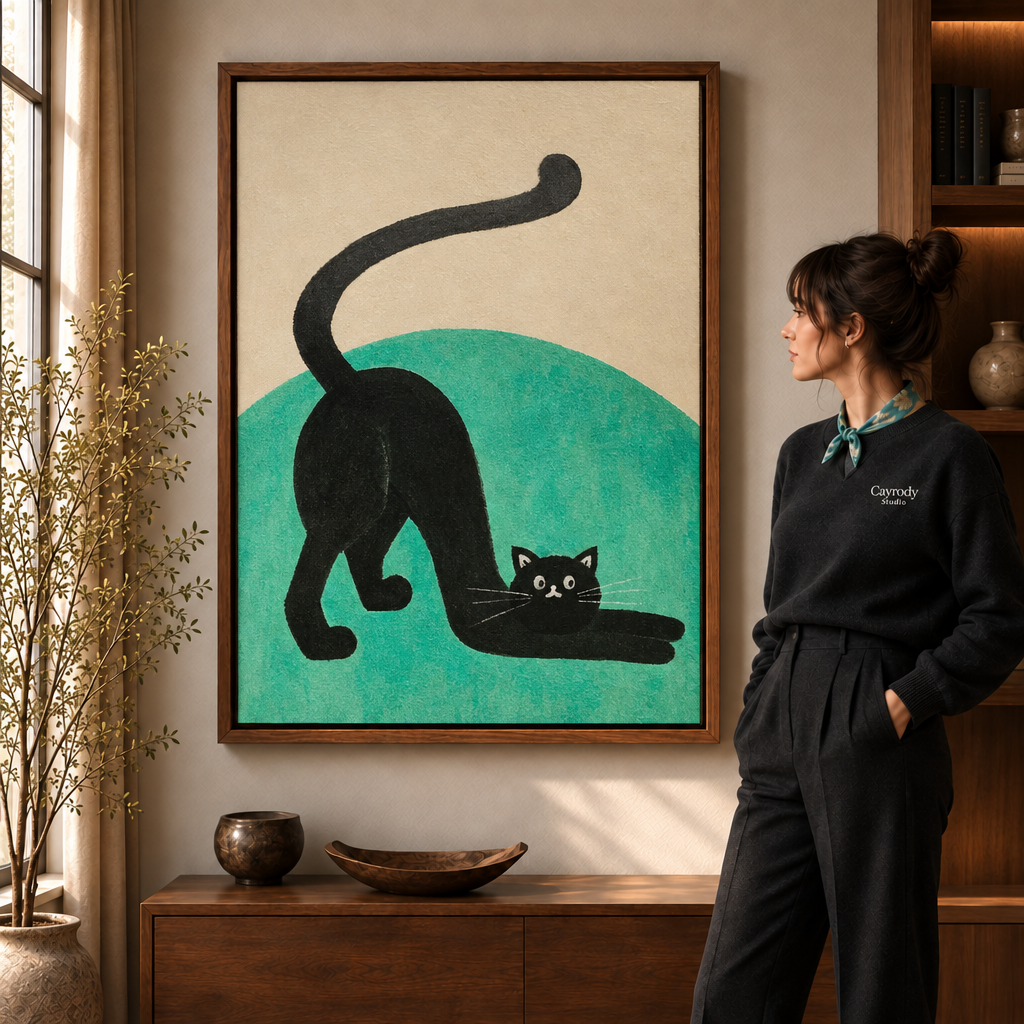  a walnut-framed black cat canvas wall art with a teal-green hill and naive brushwork.