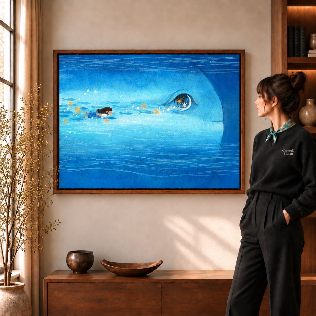 Woman in a black sweater and scarf beside a whale canvas wall art in a dark walnut frame.