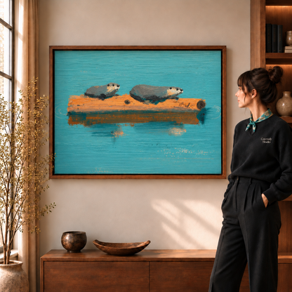 Woman in a black sweater and silk scarf beside the otter painting in a deep walnut floating frame