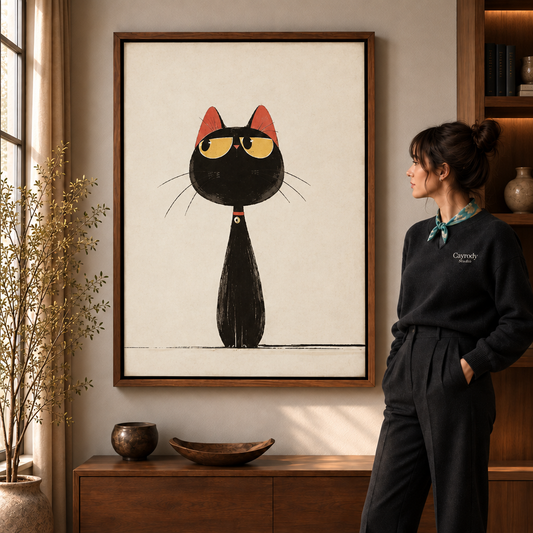 Whimsical black cat canvas print framed on a sunlit wall beside a woman in a modern living room