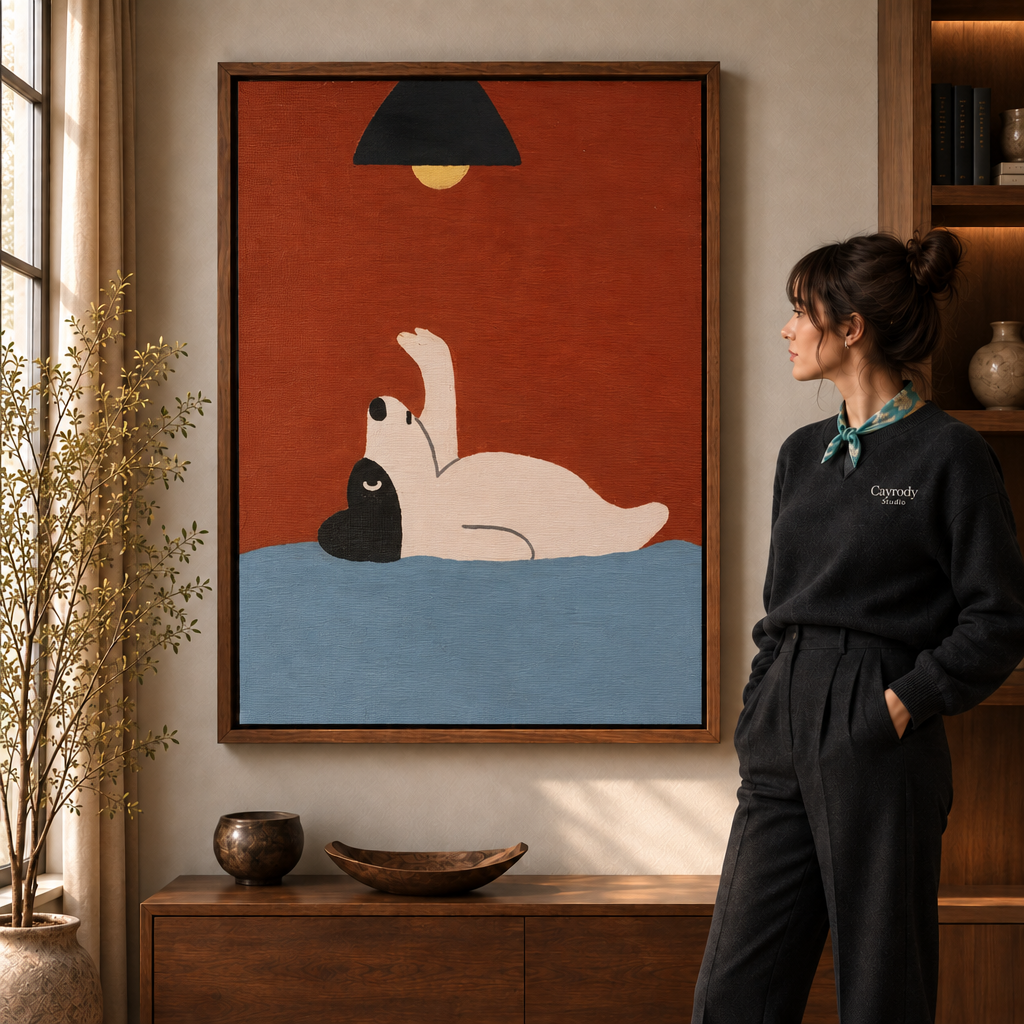 a walnut-framed playful dog canvas wall art of a pup belly-up under a pendant lamp.