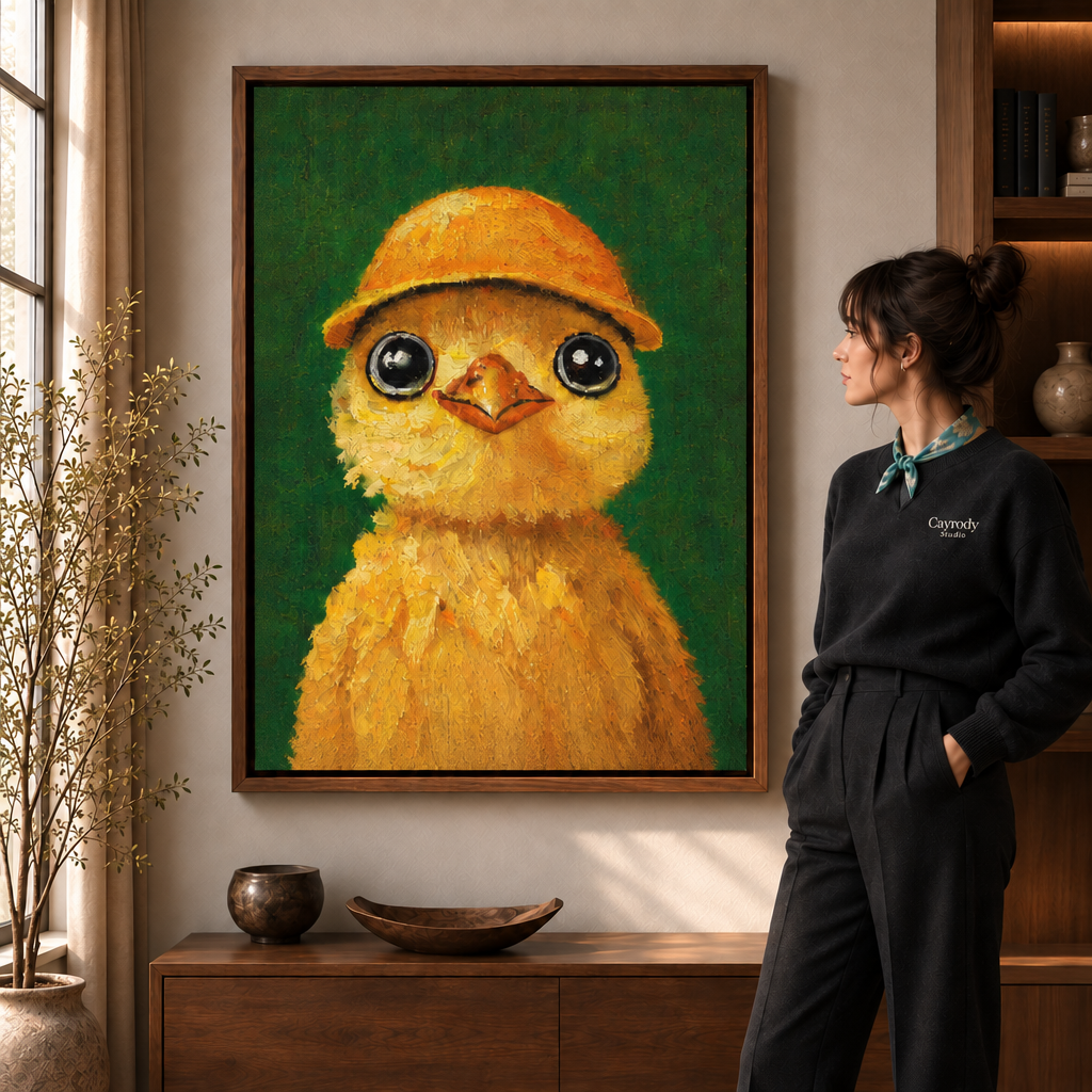 Whimsical chick canvas wall art displayed beside a woman in a dark outfit.