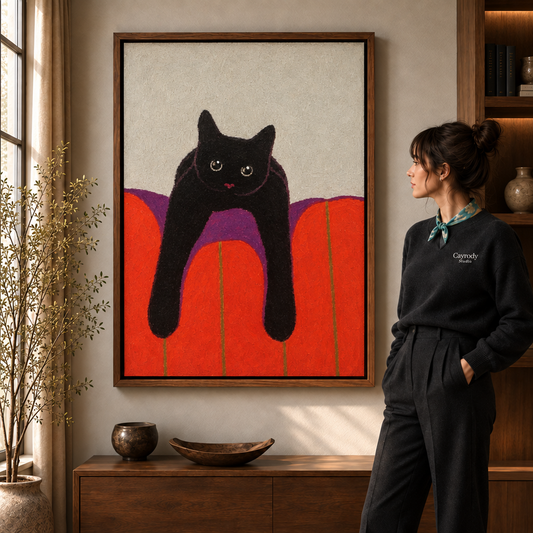 Black cat canvas wall art in a wooden frame, living room scene with window and plant.