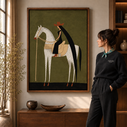 Abstract horse canvas wall art displayed in a warm living room