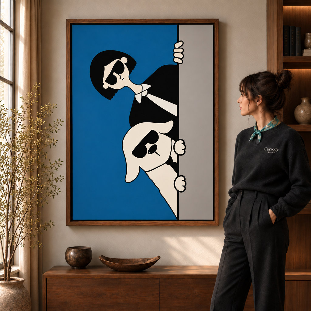 a walnut-framed quirky pop art canvas of a woman and dog in sunglasses peeking from behind a wall.