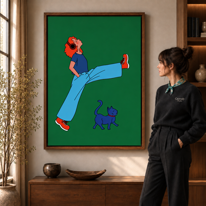 a walnut-framed headphones girl canvas wall art with a blue cat in a sunlit living room.