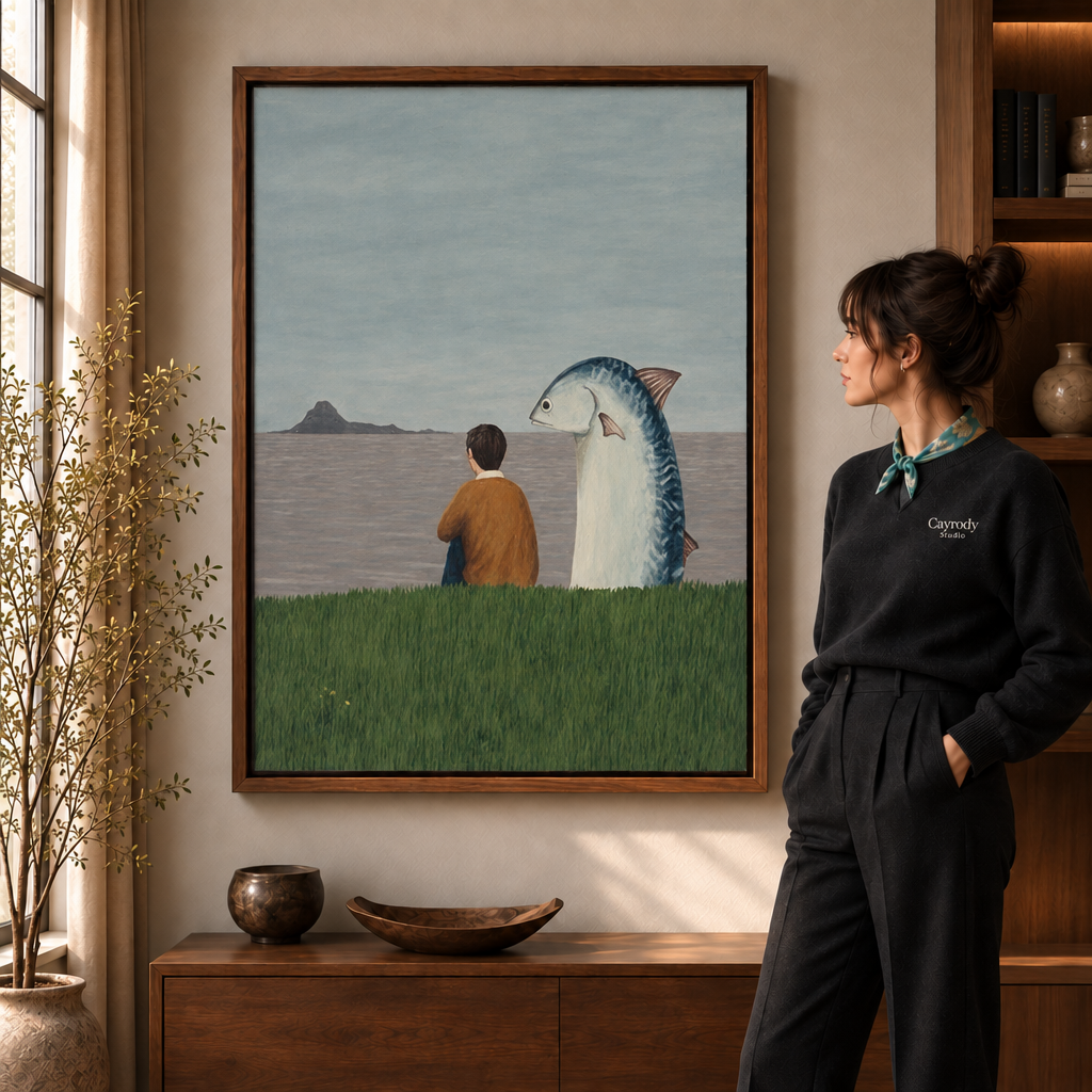 a walnut-framed surreal canvas of a boy and a giant mackerel watching the sea.