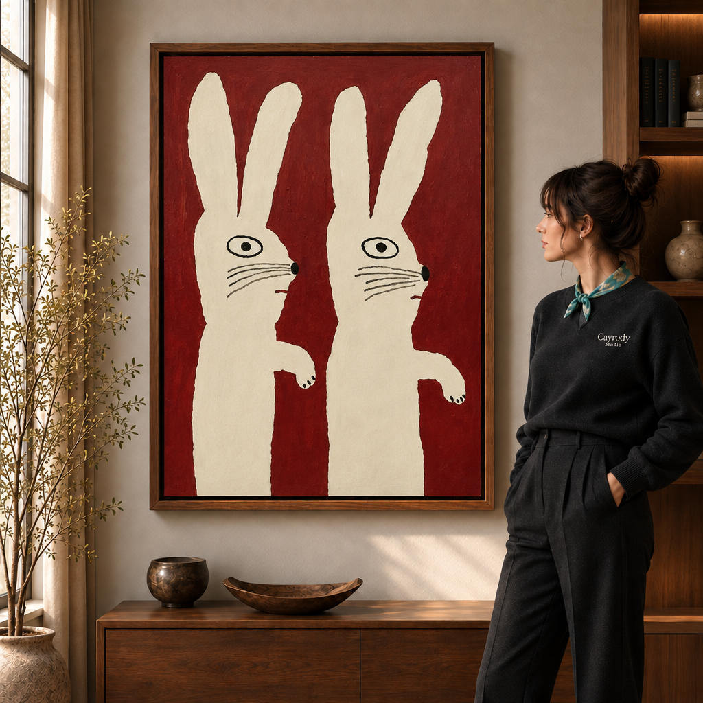 a walnut-framed white rabbit canvas wall art with two wide-eyed hares on deep red.