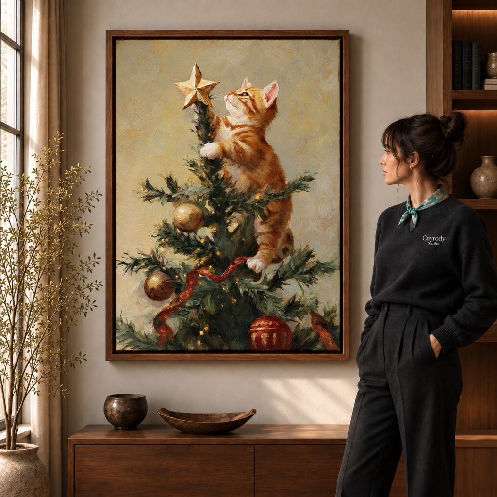 Framed Christmas kitten art shows an orange cat reaching for a star beside a woman in a warm room.