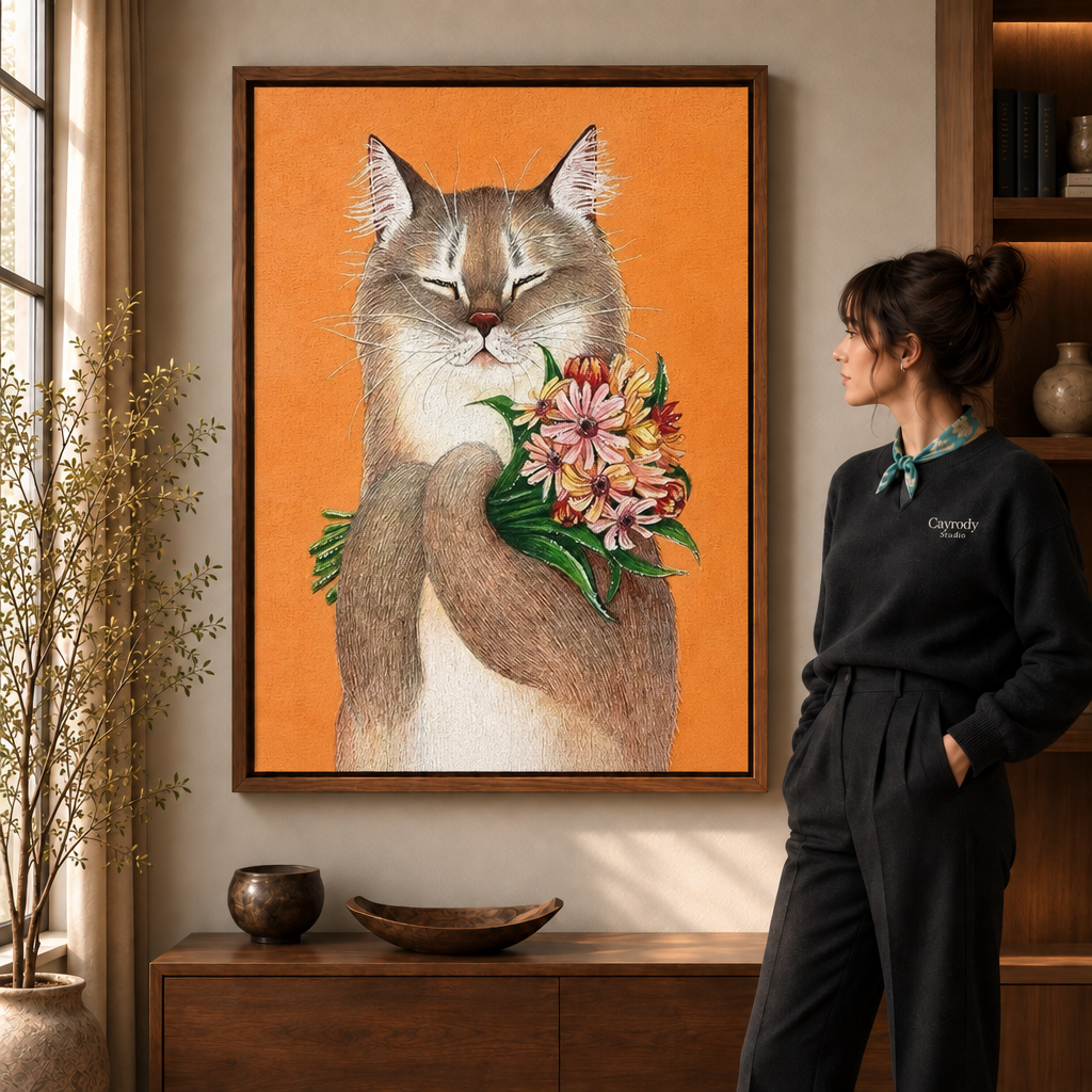 cat with flowers canvas wall art in a wooden frame, living room scene with window and plant.