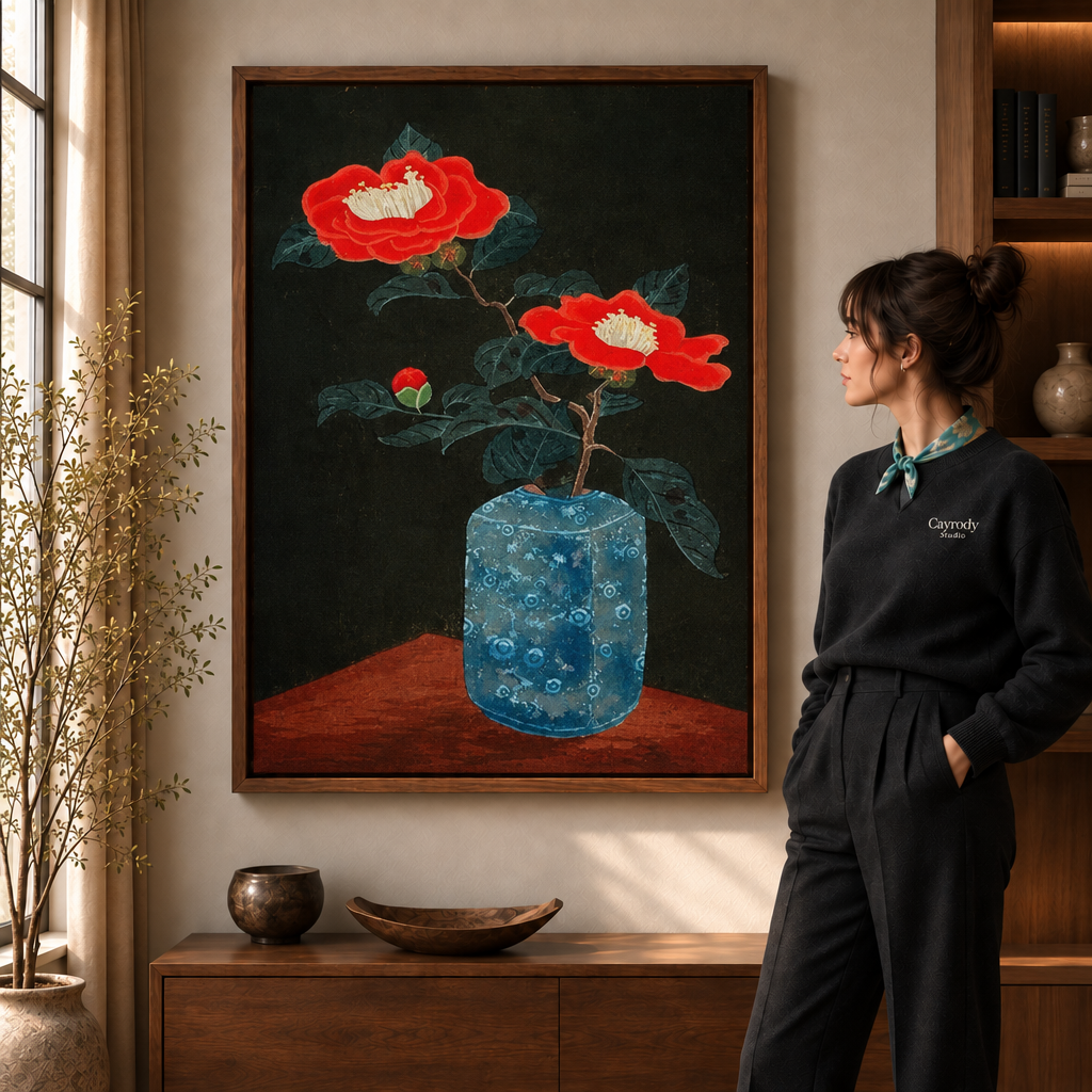 Red camellia canvas wall art in a wooden frame, living room scene with window and plant.