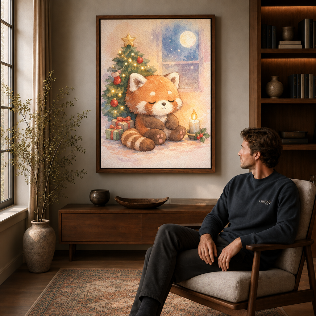 Raccoon resting near a lit Christmas tree and moonlit window above a seated man.
