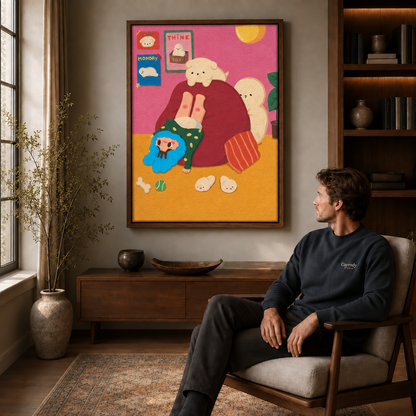 Blue-haired figure upside down beside cream-colored pets and a red sofa above a seated man.
