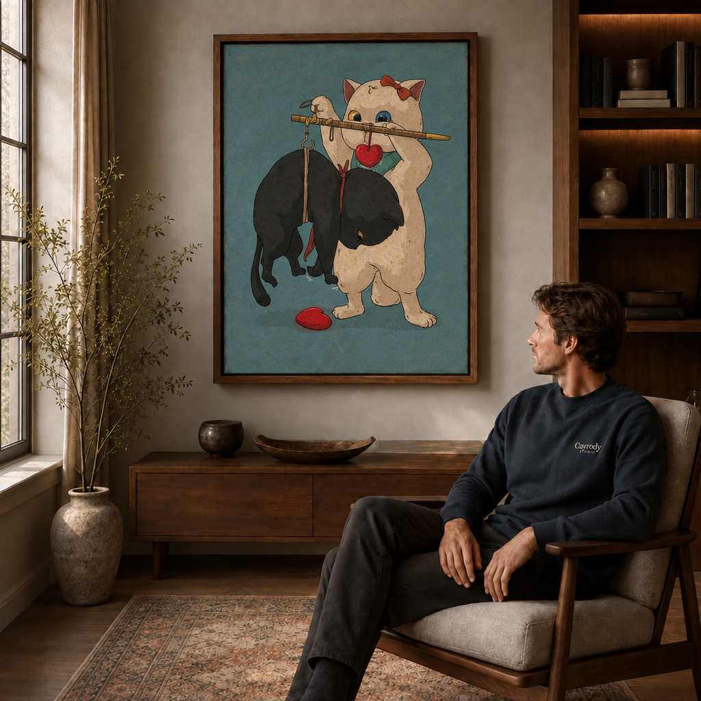 a walnut-framed whimsical cat canvas print in a living room