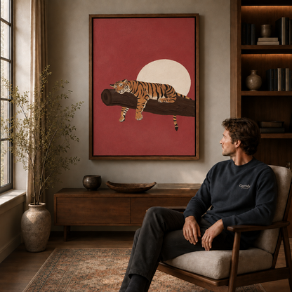 a walnut-framed tiger canvas print in a modern living room.