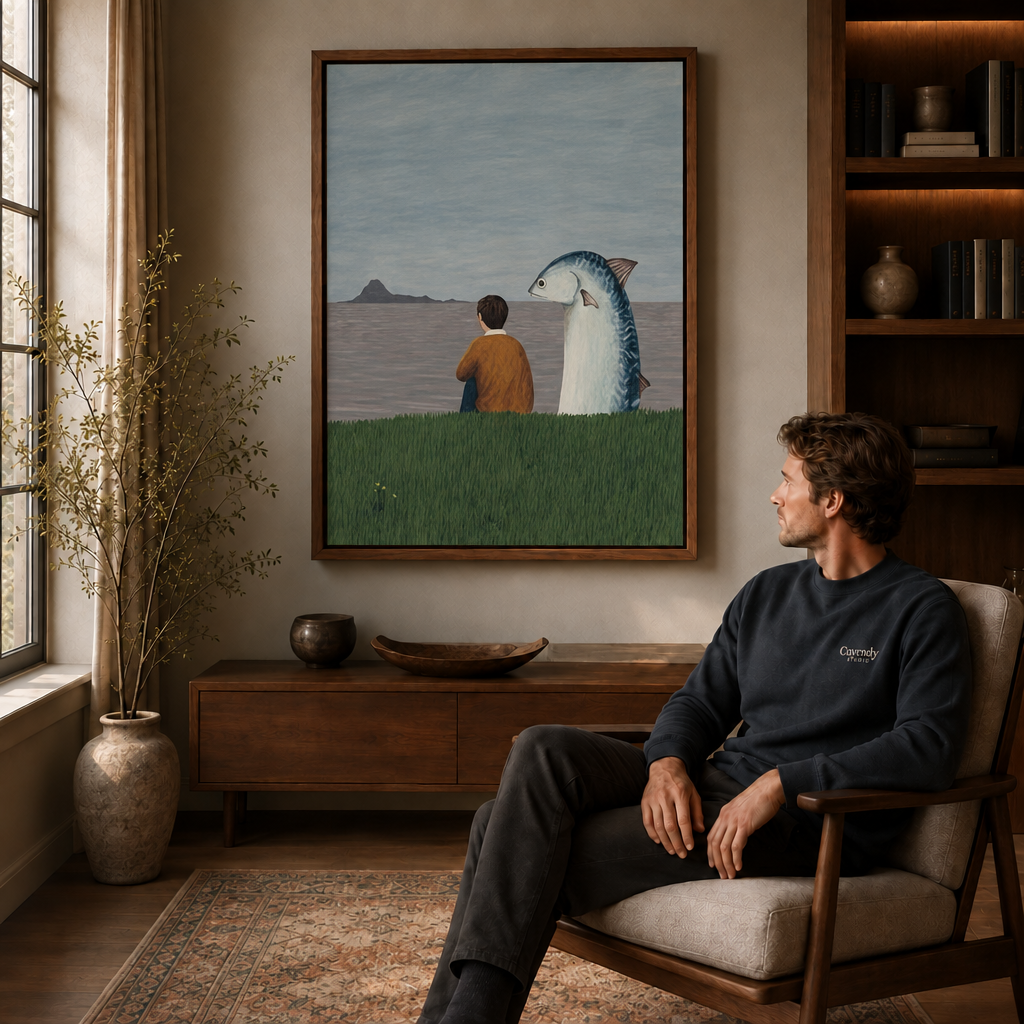 a framed surreal canvas of a boy and fish gazing at a calm sea.