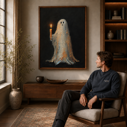 Black framed ghost candle canvas art styled beside neutral living room decor.