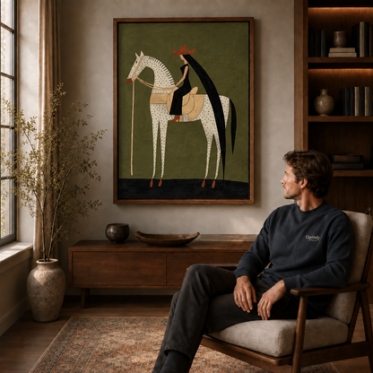 Modern equestrian canvas art above a seated viewer in a cozy chair with bookshelves nearby.