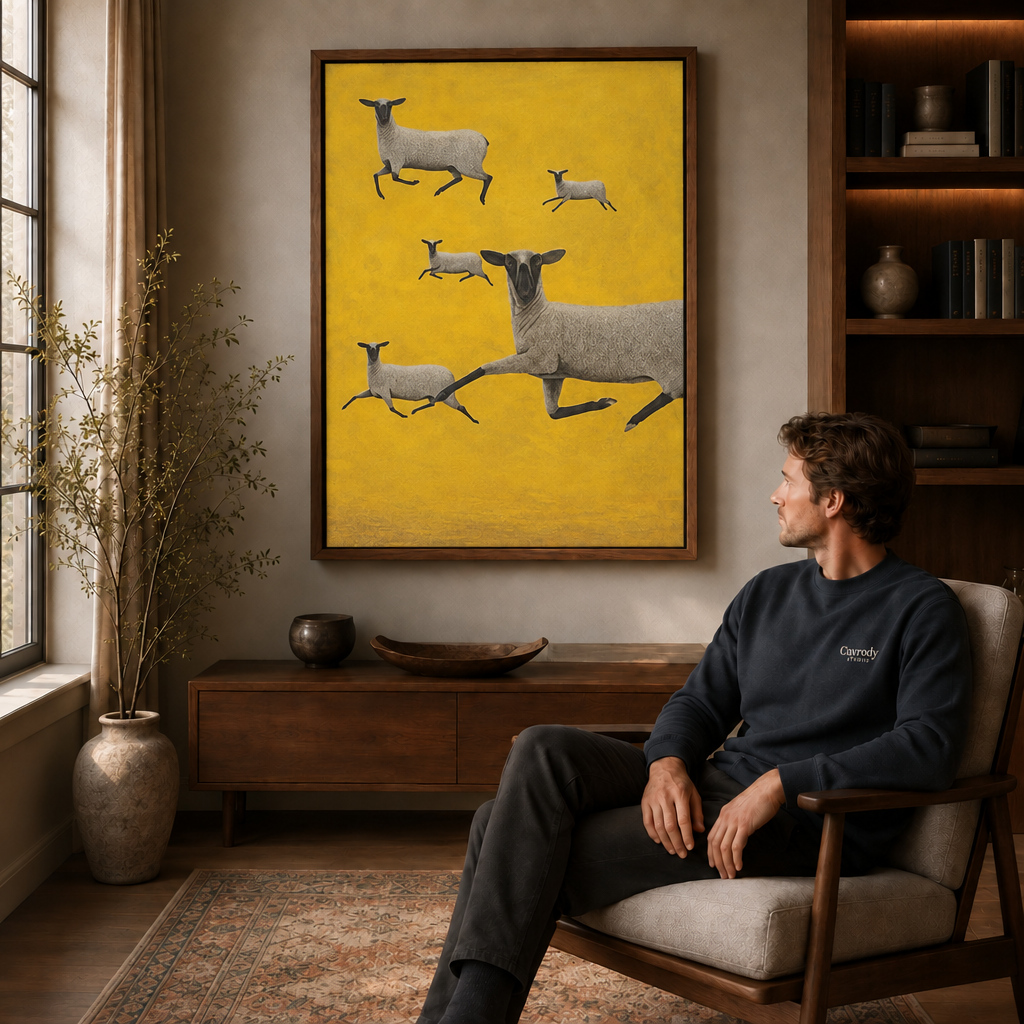 a framed leaping sheep canvas wall art in a warm living room.