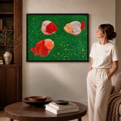 Goldfish canvas wall art in a black frame, modern living room with bookshelf.