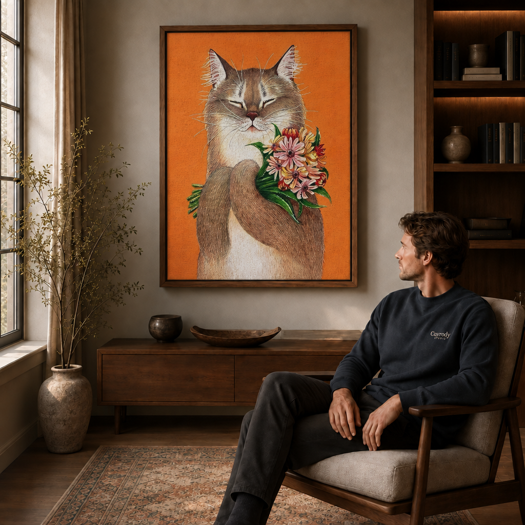 Man seated in a chair looking at cat with flowers canvas wall art in a wooden frame, warm living room.