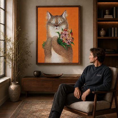 Man seated in a chair looking at cat with flowers canvas wall art in a wooden frame, warm living room.
