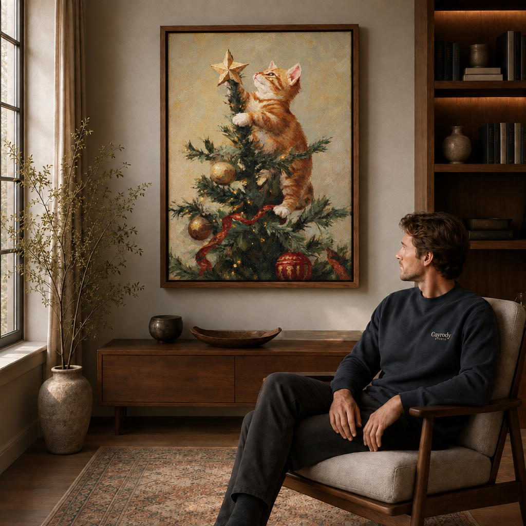 A seated man views framed kitten-and-Christmas-tree wall art above a wooden console in a softly lit interior.