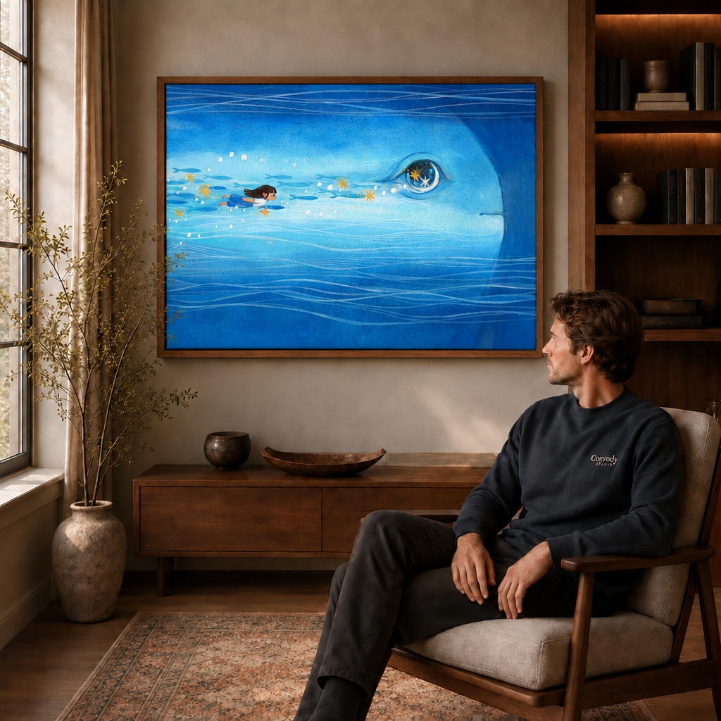 Man in a dark sweater sitting beside a whale canvas wall art in a dark walnut frame.