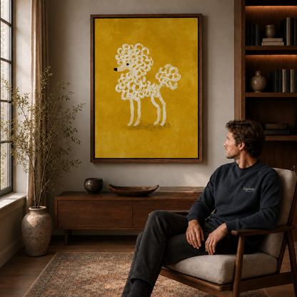 A seated man admires fluffy white dog wall art against a bright pink background in a wood frame.