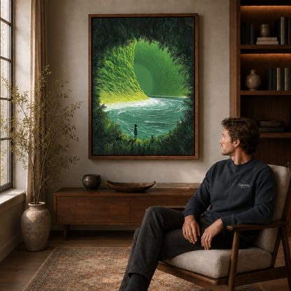 Man seated in a mid-century armchair viewing a framed green wave canvas wall art above a wooden console.