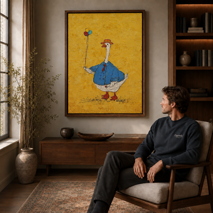 Goose with balloons canvas wall art beside a woman in a sunlit room.