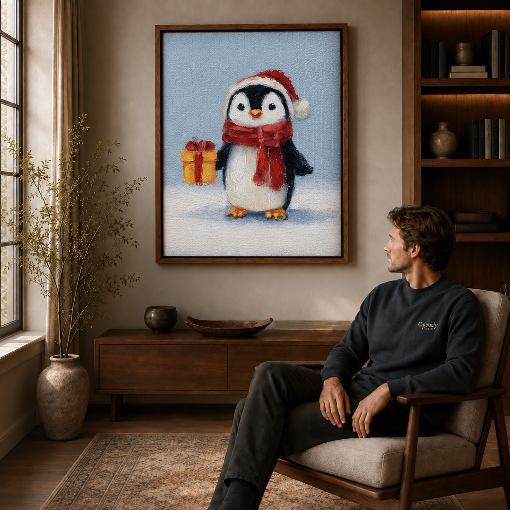 A seated man looks toward framed Christmas penguin wall art above a wooden console in a warm living room.