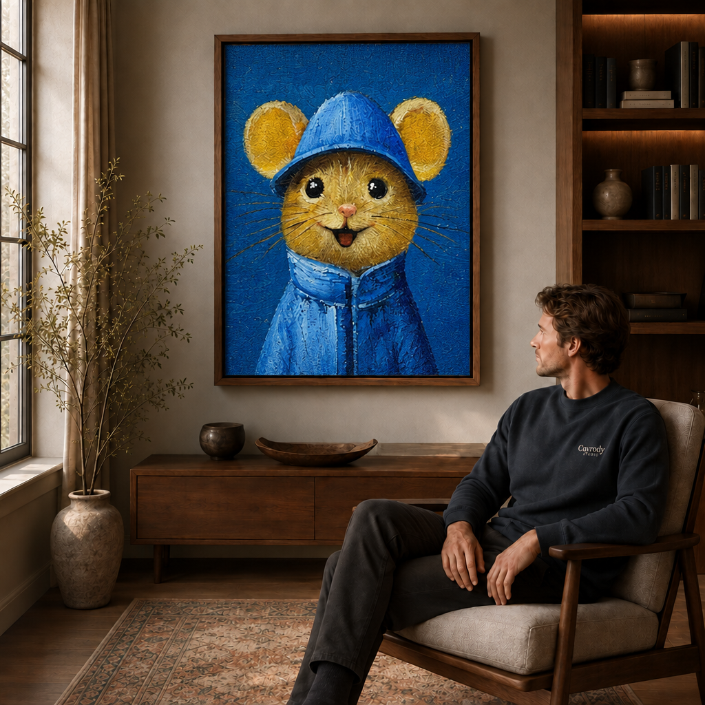 Canvas wall art featuring a small mouse dressed in blue.