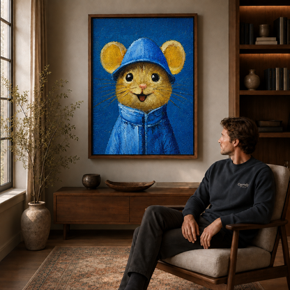 Canvas wall art featuring a small mouse dressed in blue.