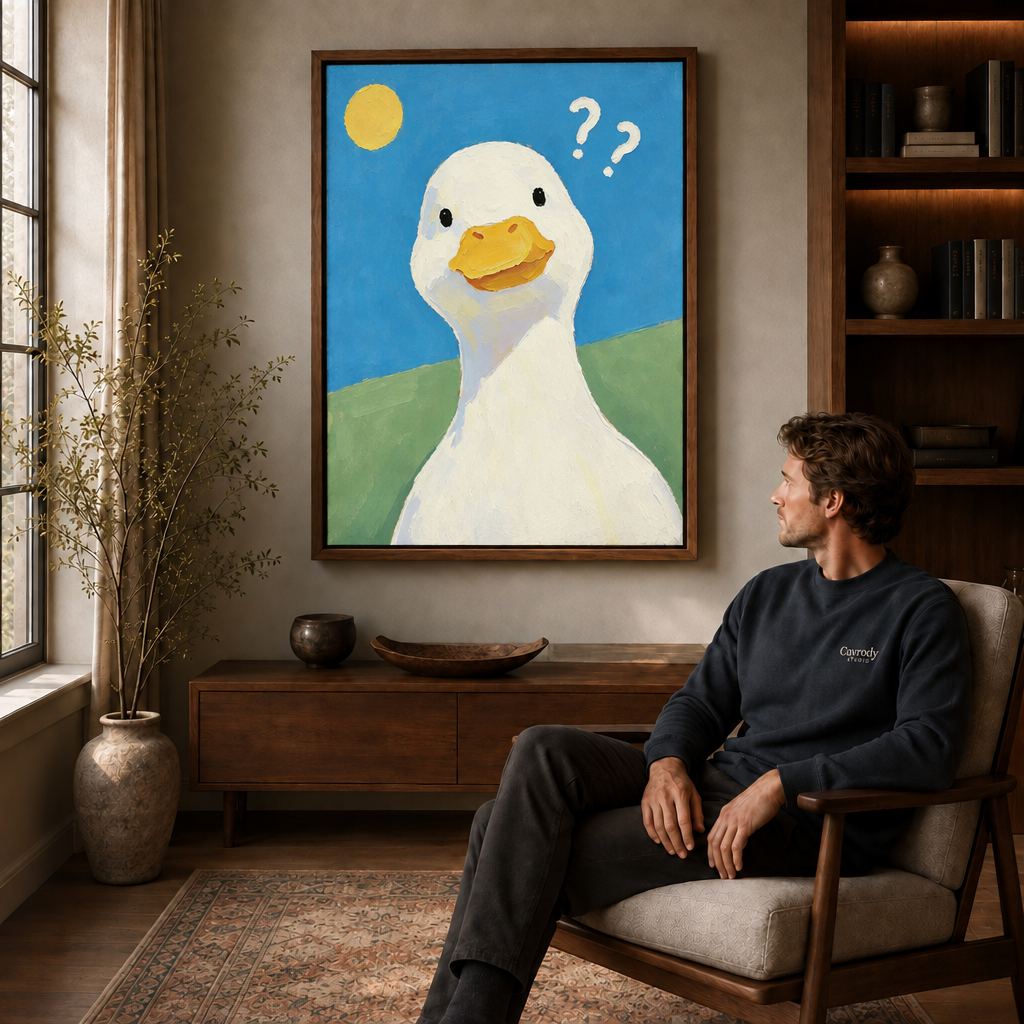 Walnut-framed white duck wall art with question marks displayed above a console in a cozy living room.