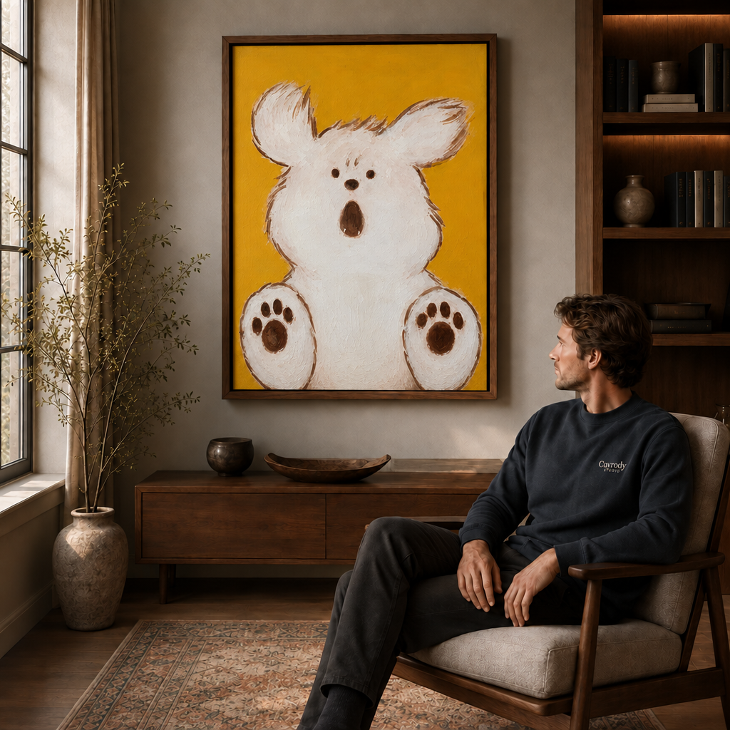 Man seated in a chair looking at white dog canvas wall art in a wooden frame, warm living room.