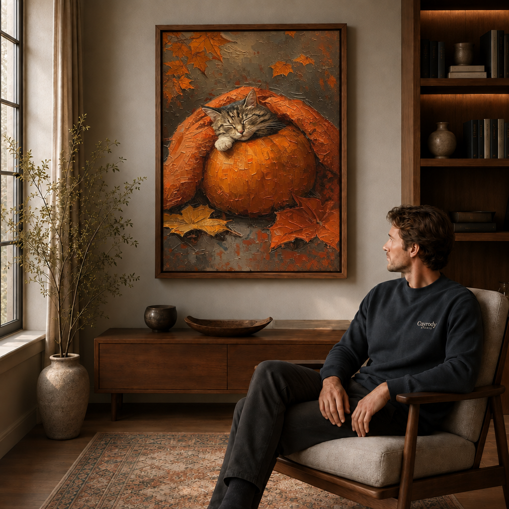 Black-framed pumpkin cat artwork displayed beside a woman in a cozy neutral living room.